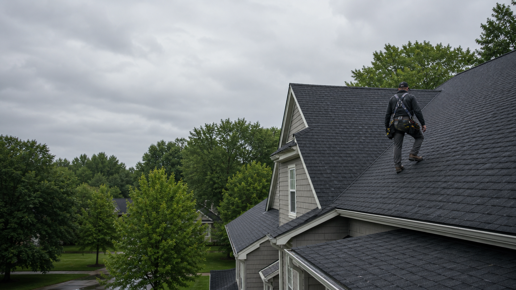 A roofer safely inspecting a dark shingle roof on a Michigan home